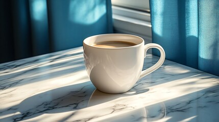 Warm cup of coffee placed on a wooden table near a sunlit window with blue curtains. 