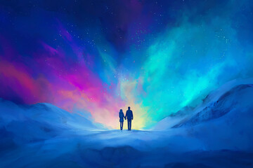 valentine’s love in northern lights: couple holding hands under aurora borealis on snowy hill | romantic winter abstract painting style