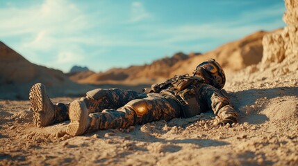 Soldier Rests In Desert Terrain After Combat