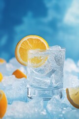 Glass of water with a slice of lemon in it. The glass is filled with ice cubes