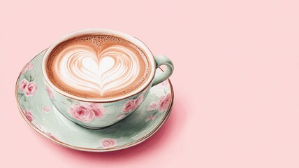 A pastel pink background features a delicate floral cup filled with latte art shaped like a heart.