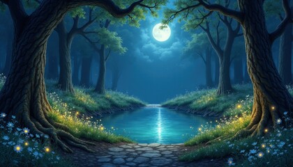 Enchanting Moonlit Forest Path Serene Pond Firefly Glow Magical Night Scene