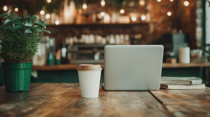 Cozy coffee shop ambiance with a laptop and a warm latte
