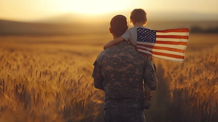 A soldier holding a child in his arms holds an American flag against a field with a view of the horizon and sunset. Patriotic banner, American Independence Day, Memorial Day.