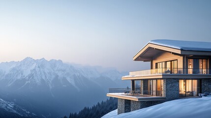 Mountaintop chalet sunset snowy alps winter luxury