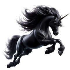 black horse unicorn Pegasus horse with a horn, running jumping, isolated on white, ai generated