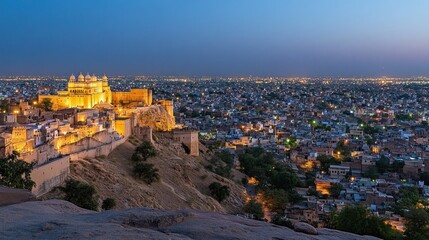Illuminated Mehrangarh Fort overlooking Jodhpur city at night
