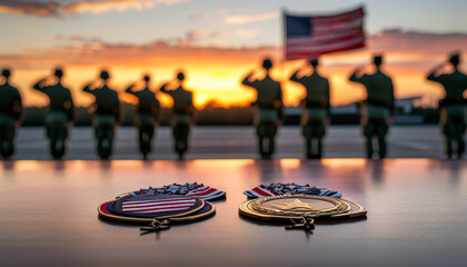 America Independence Day themed product display podium background, Honor and Valor, military medals and ribbons arranged in a semi-circle, silhouette of soldiers saluting under an American flag waving