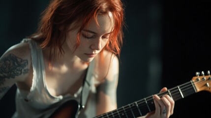 woman with red hair playing electric guitar