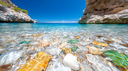 Crystal-clear beach, colorful pebbles, calm sea, sunny day, travel brochure
