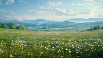 Sunny meadow with wildflowers and distant mountains.