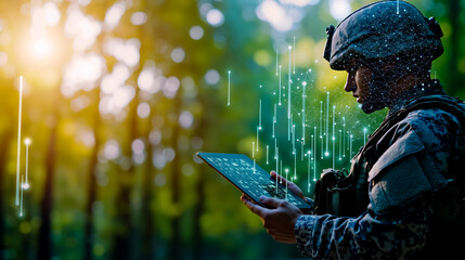 A soldier in camouflage holding a tablet computer in the woods