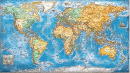 Detailed world map, showing continents, countries, oceans, and geographic features. Possible use educational, reference