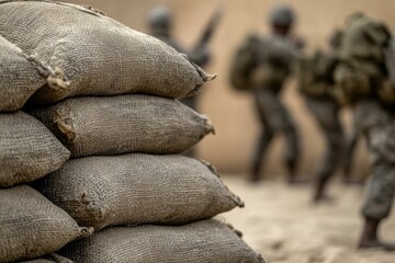 Stacked burlap sacks, soldiers blurred background