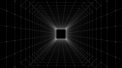 Abstract sci-fi black tunnel. Wormhole absorbs cyberspace. 3D portal. Vector futuristic fantasy high-tech funnel.