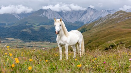 Majestic white horse in mountain meadow