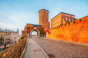 Wawel castle landmark with city view near river in Krakow Poland. Autumn landscape on coast river Wisla.