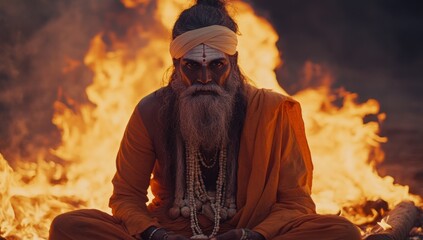 Holy Man Amidst Fiery Inferno: A Portrait of Spiritual Resilience