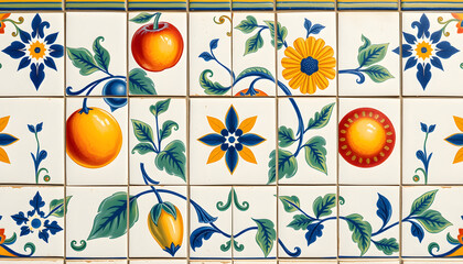 Italian maiolica background, tin-glazed tiles decorated in blue, yellow, green and red colours on a white background. Or azulejos, majolica with geometric or figurative plant and fruit elements, pro