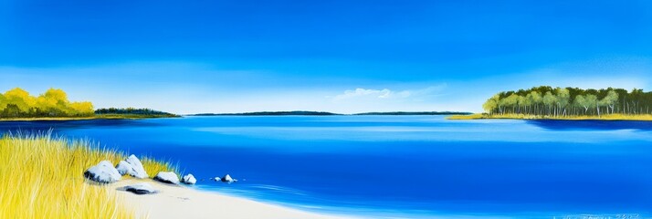 Serene Lakeside Summer - Calm lake scene with golden grasses, rocks, and a tranquil blue sky. Perfect for relaxation and nature themes.