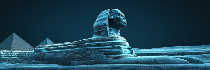 Digital Sphinx, Giza Pyramids, Blueprint Rendering, Network Style Illustration, Egypt