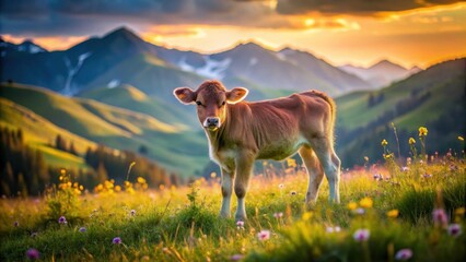 Young calf standing in a vibrant meadow at sunset, majestic mountains in the background, idyllic pastoral scene