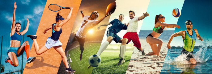Beach and court sports. Tennis, football, American football, volleyball, and swimming athletes captured mid-action. Speed and endurance. Concept of professional sport. Horizontal banner, ads.