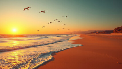 Warm sandy beach at sunset with few seagulls flying overhead, ocean waves, tropical background, beach sunsets