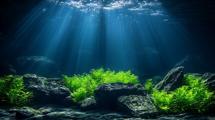 Underwater plants, sunbeams, rocks, aquarium, serene scene