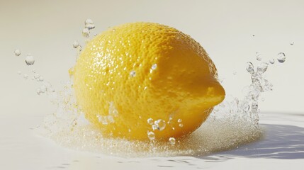 A bright and zesty lemon with water splashes surrounding it, isolated on a pure white backdrop