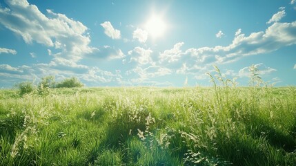 Vibrant green meadow with grass under a clear blue sky and sunlight shining in the background