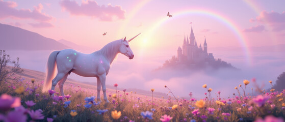 majestic unicorn stands in vibrant flower field, with castle and rainbow in background, creating magical atmosphere