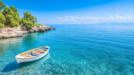 Serene cove with a lone boat, sunlit turquoise water and trees, idyllic vacation spot