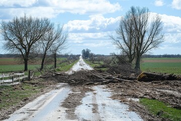 A tornado path through a rural area, with trees uprooted, A dirt road flanked by trees, with scattered debris creating a rustic, natural landscape.