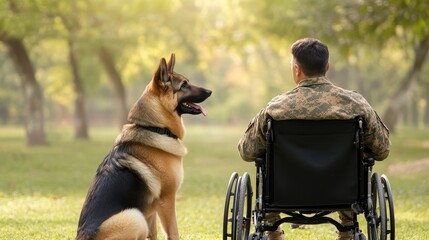 German Shepherd Therapy Dog Calmly Sitting Next to Disabled Veteran - A soldier in a wheelchair finds comfort with a German Shepherd in a serene park, symbolizing companionship, support, healing