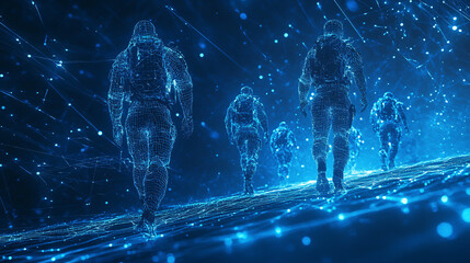 Digital wireframe soldiers are depicted marching through a futuristic blue cyberspace, illuminated by glowing dots.