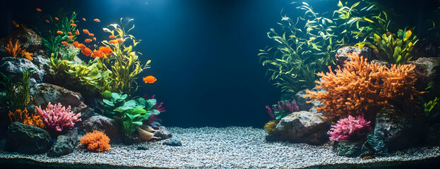 Vibrant fish tank, aquatic plants, rocks