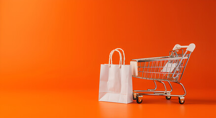 Koszyk zakupowy i torba na pomarańczowym tle.