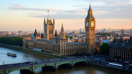 Stunning panoramic view of London's iconic Big Ben and Houses of Parliament against a beautiful sunset : Generative AI