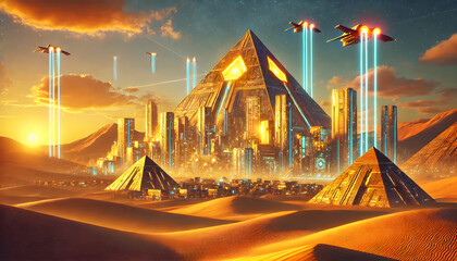 A futuristic take on ancient Egyptian pyramids, glowing with golden lights and surrounded by high-tech sci-fi structures and spacecraft. .