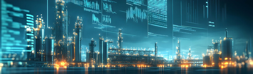 Industrial banner of an oil and gas refinery with storage tanks, overlaid with price charts and energy concepts AI Generated