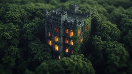 Overgrown castle in forest at night, fantasy illustration