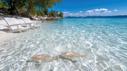 Crystal-clear water, fish swimming, white beach chairs, sunny day