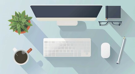 Organized Workspace: Flat lay of a minimalist workspace featuring a computer, keyboard, mouse, coffee cup, plant, glasses, and notebook. Clean lines and long shadows create a modern aesthetic. 