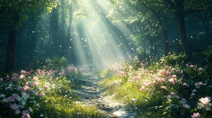 Sunbeams illuminate a magical forest path lined with pink flowers.