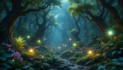 Enchanting Glowing Forest Path: Magical Nature Wallpaper