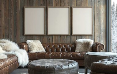 Cozy leather sofa, winter lodge, three frames, snowy view