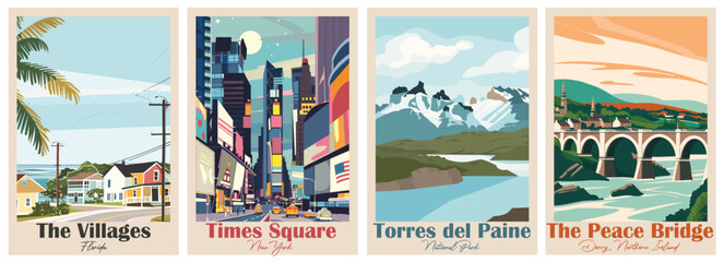 Set of 4 Vintage Travel Posters – Peace Bridge, Times Square, Torres del Paine, The Villages