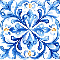 Watercolor artwork, blue and yellow azulejos tile Traditional Portuguese Mosaic