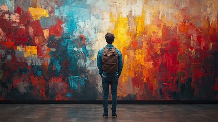 facing my faith young man standing in front of an abstract painted wall rear view